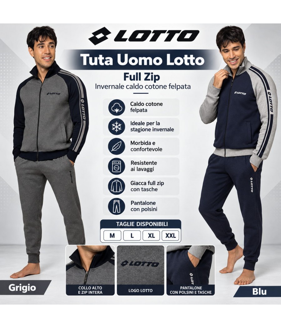 Tuta uomo Lotto LA2036 in caldo cotone felpato, full zip con collo alto, tasche e pantalone con polsini, grigio e blu