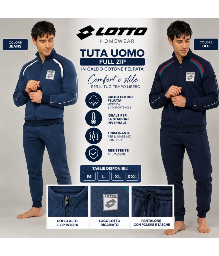 Tuta uomo Lotto LA2038 in caldo cotone felpato con giacca full zip a collo alto, logo ricamato e pantalone con tasche e polsini