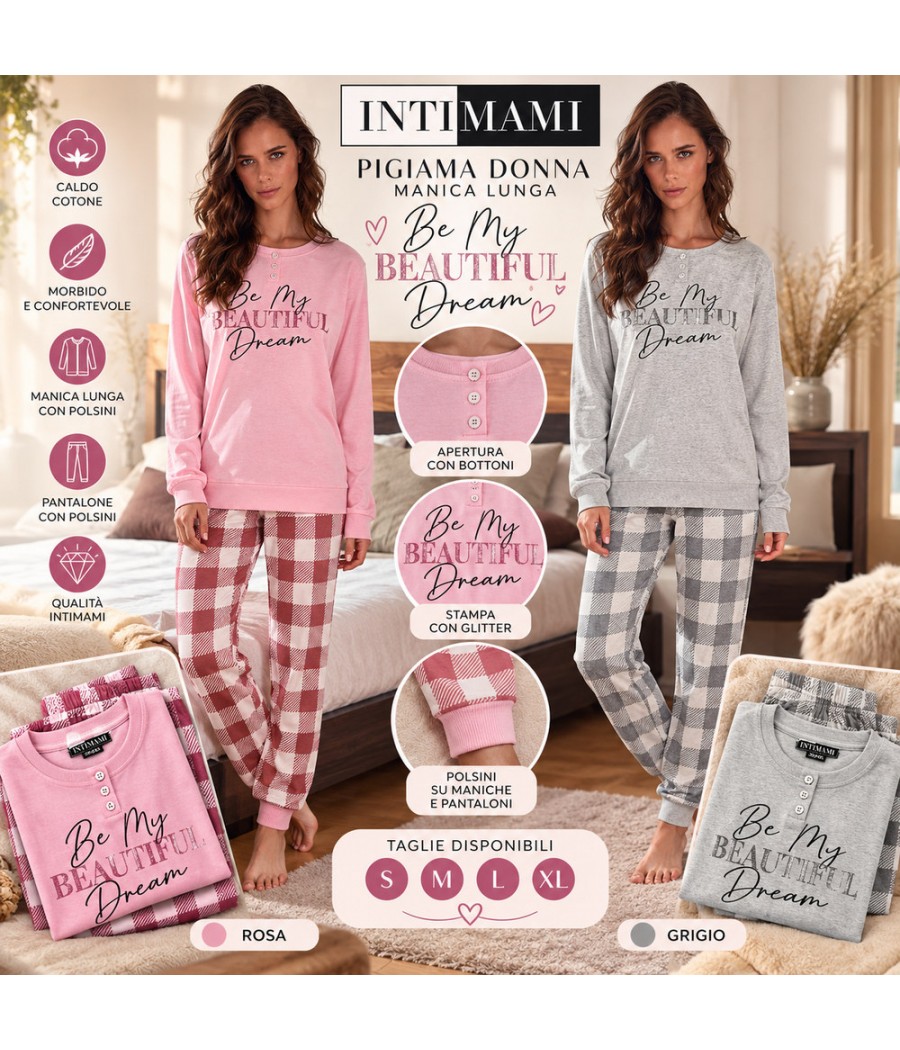 Pigiama donna Intimami 1389 caldo cotone con bottoni, stampa glitter e pantalone a quadri, Rosa e Grigio