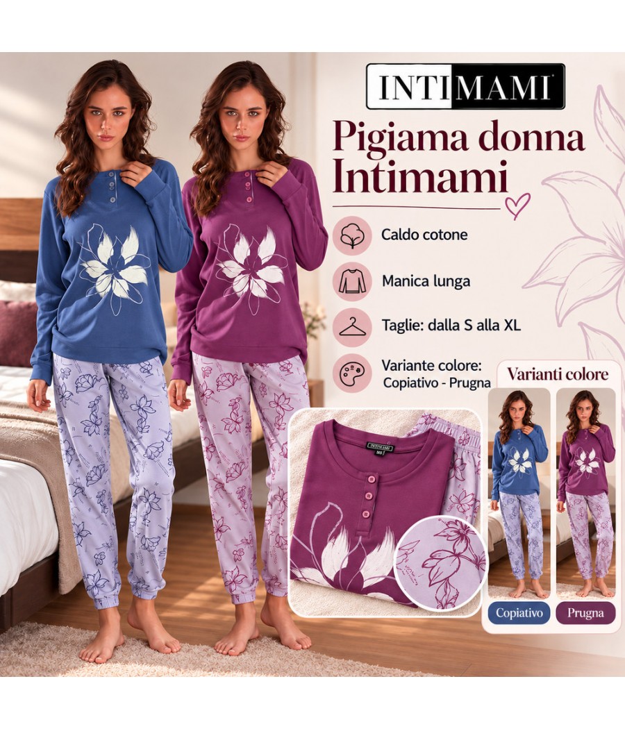 Pigiama donna Intimami 1393 serafino caldo cotone con grande fiore sulla maglia e pantalone floreale, Copiativo e Prugna