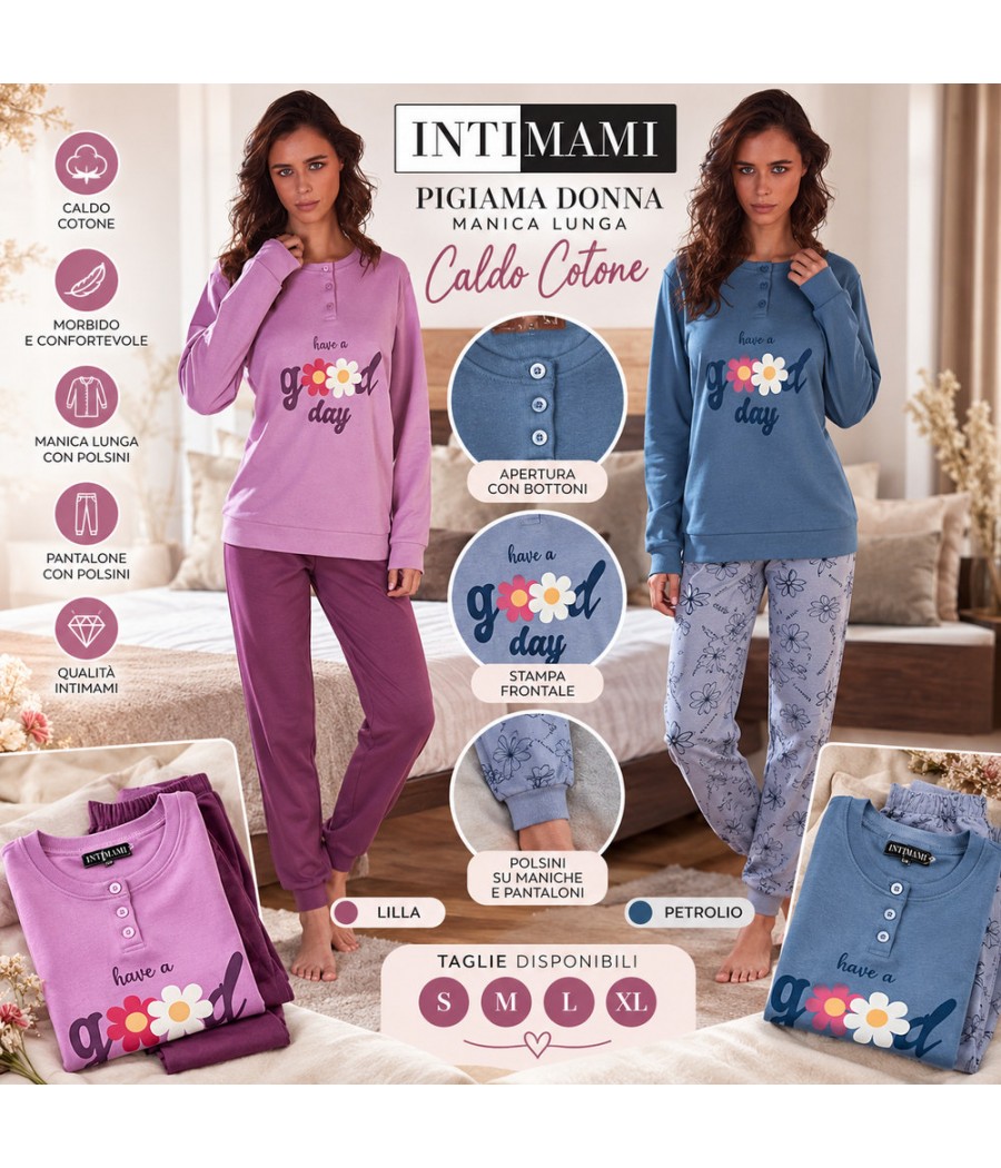 Pigiama donna Intimami 1394 serafino caldo cotone: Lilla con pantalone unito, Petrolio con pantalone floreale