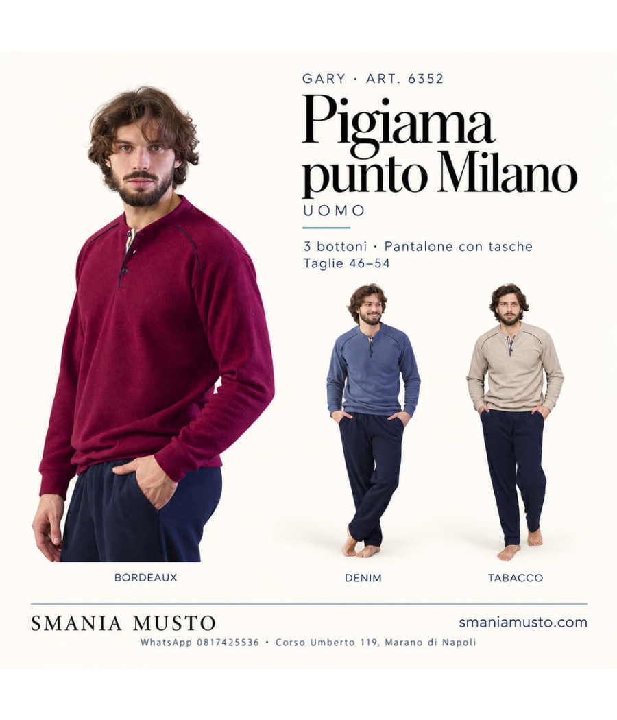 Pigiama uomo Gary 6352 in punto Milano, 3 bottoni e tasche - varianti colore