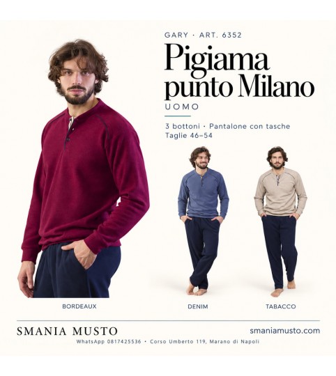 Pigiama uomo Gary 6352 in punto Milano, 3 bottoni e tasche