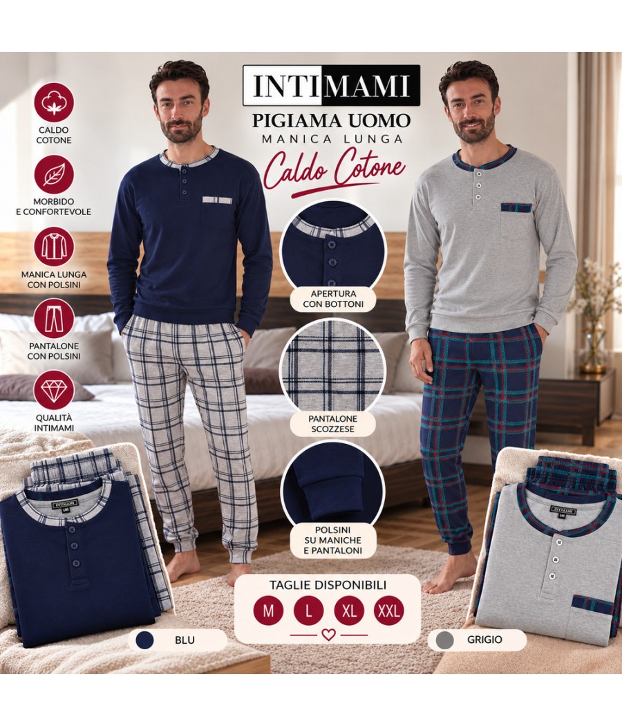 Pigiama uomo Intimami 442 serafino caldo cotone con pantalone scozzese e polsini, varianti Blu e Grigio