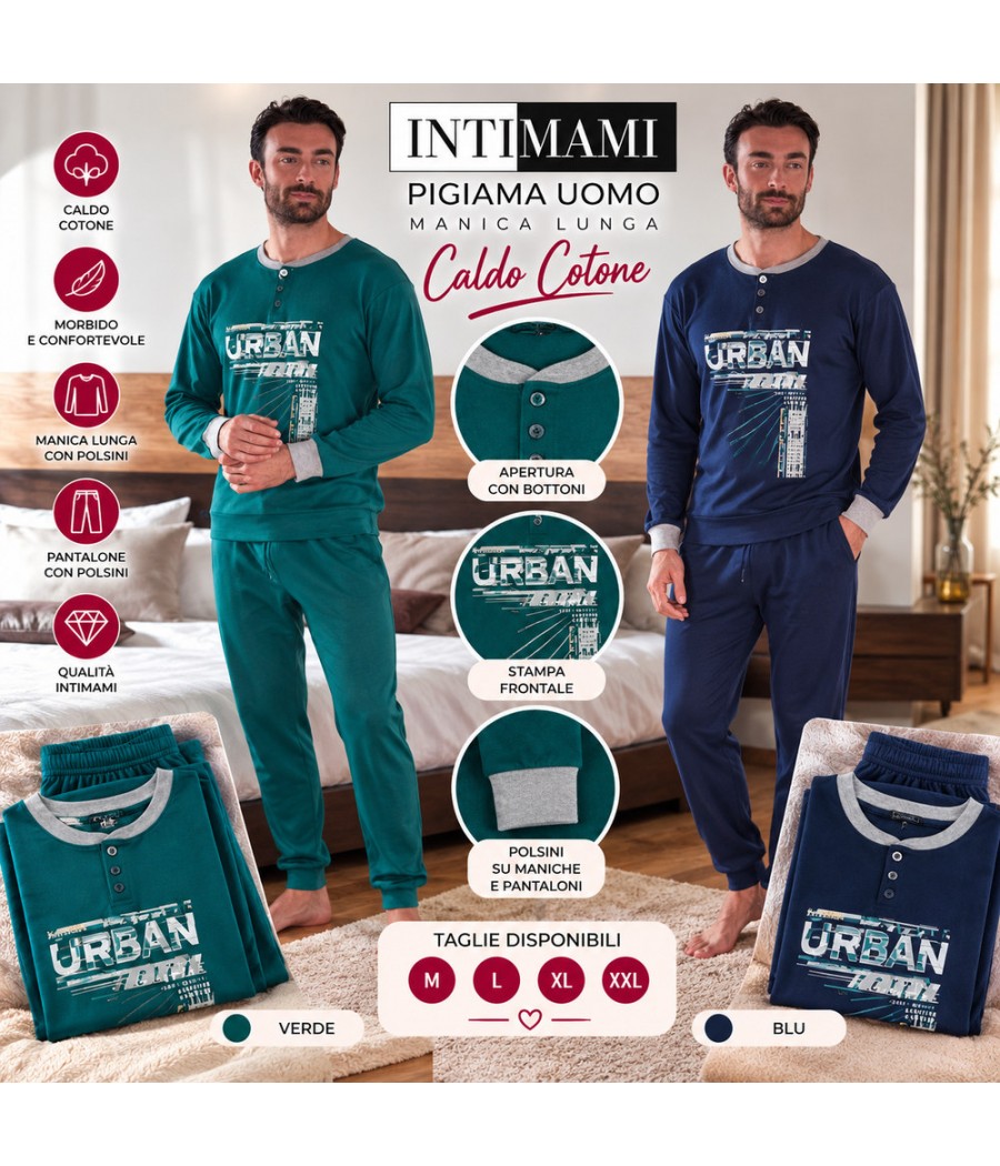 Pigiama uomo Intimami 443 serafino interlock con stampa Urban, finiture a contrasto e pantalone lungo con polsini, Verde e Blu