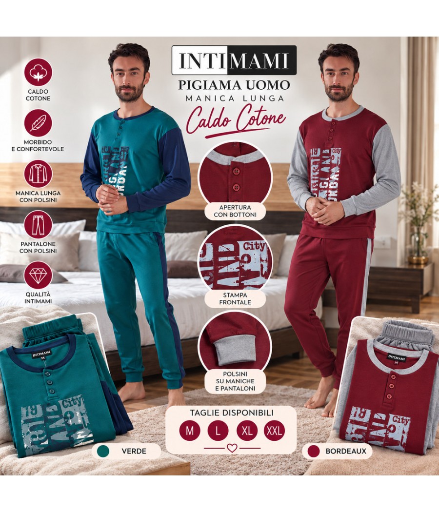 Pigiama uomo Intimami 445 serafino interlock con stampa frontale, maniche a contrasto e pantalone con polsini, Verde e Bordeaux