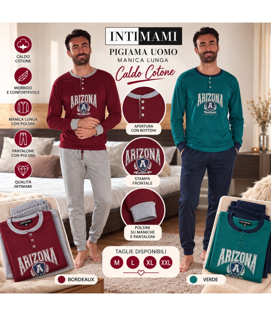 Pigiama uomo Intimami 446 serafino caldo cotone con stampa Arizona e pantalone lungo con polsini, Bordeaux e Verde